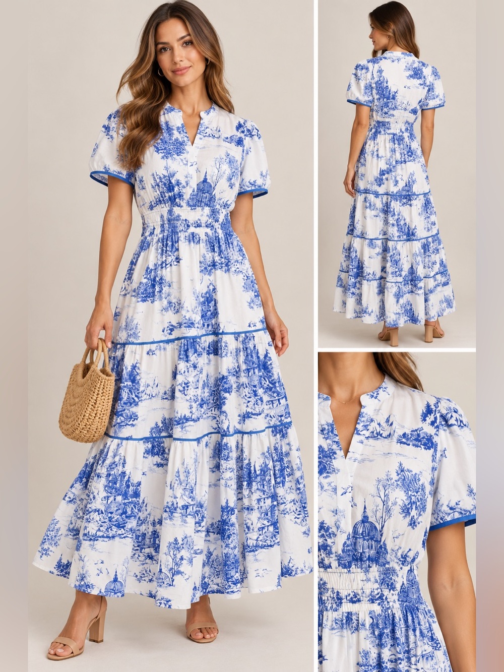 Umgee USA Blue & White Toile Print Smocked Waist Tiered Maxi Dress Size Small